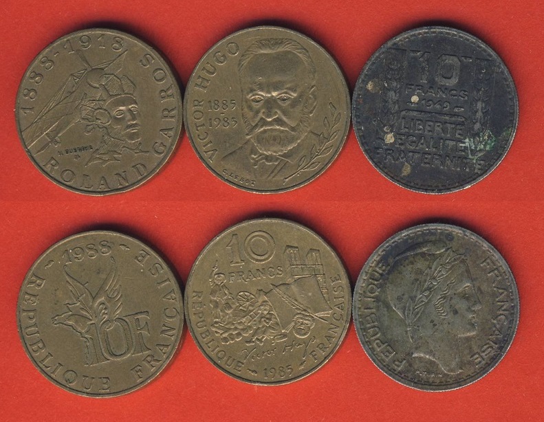 Frankreich 10 Francs 1988 Roland Garros, 10 Francs Victor Hugo + 10 Francs 1949   (Lot 9)   