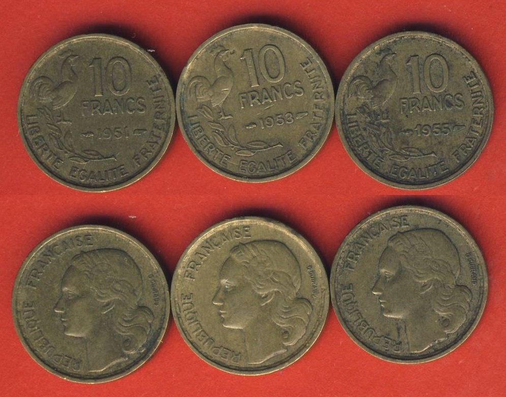  Frankreich 10 Francs 1951, 10 Francs 1953, 10 Francs 1955  (Lot 16)   