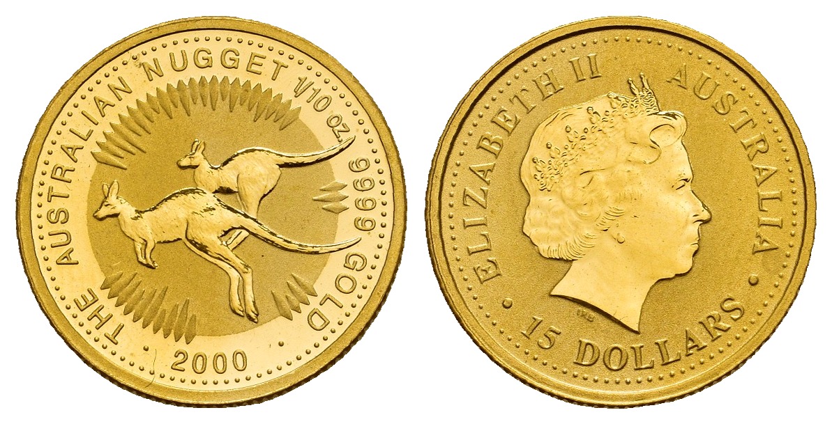 PEUS 9676 Australien 3,11 g Feingold. Zwei hüpfende Kängurus 15 Dollars GOLD 1/10 Unze 2000 Uncirculated