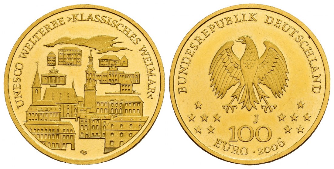 PEUS 9681 BRD 15,55 g Feingold. Weimar OHNE Etui + Zertifikat 100 Euro GOLD 2006 J Hamburg Stempelglanz