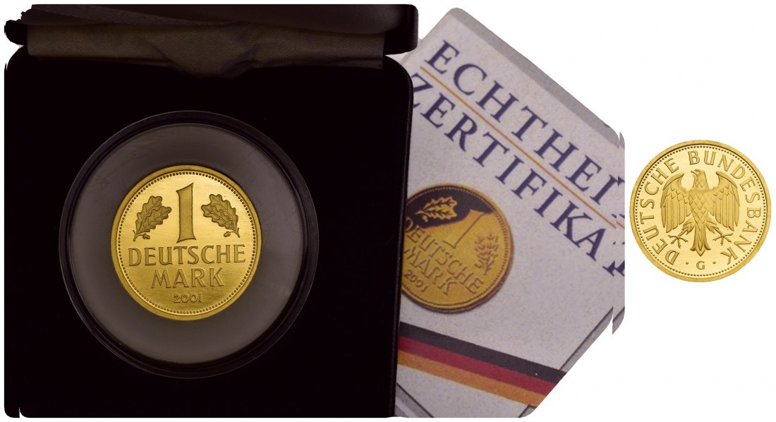 PEUS 9683 BRD 12 g Feingold. incl. Etui 1 Mark GOLD 2001 G Karlsruhe Stempelglanz (Originalkapsel)