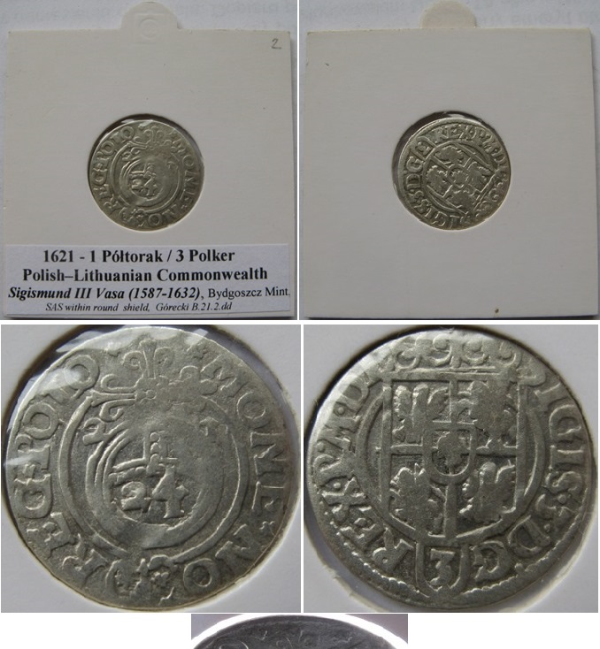  1621-1 Półtorak/3 Polker-Polish–Lithuanian Commonwealth-silver coin-Bydgoszcz Mint   