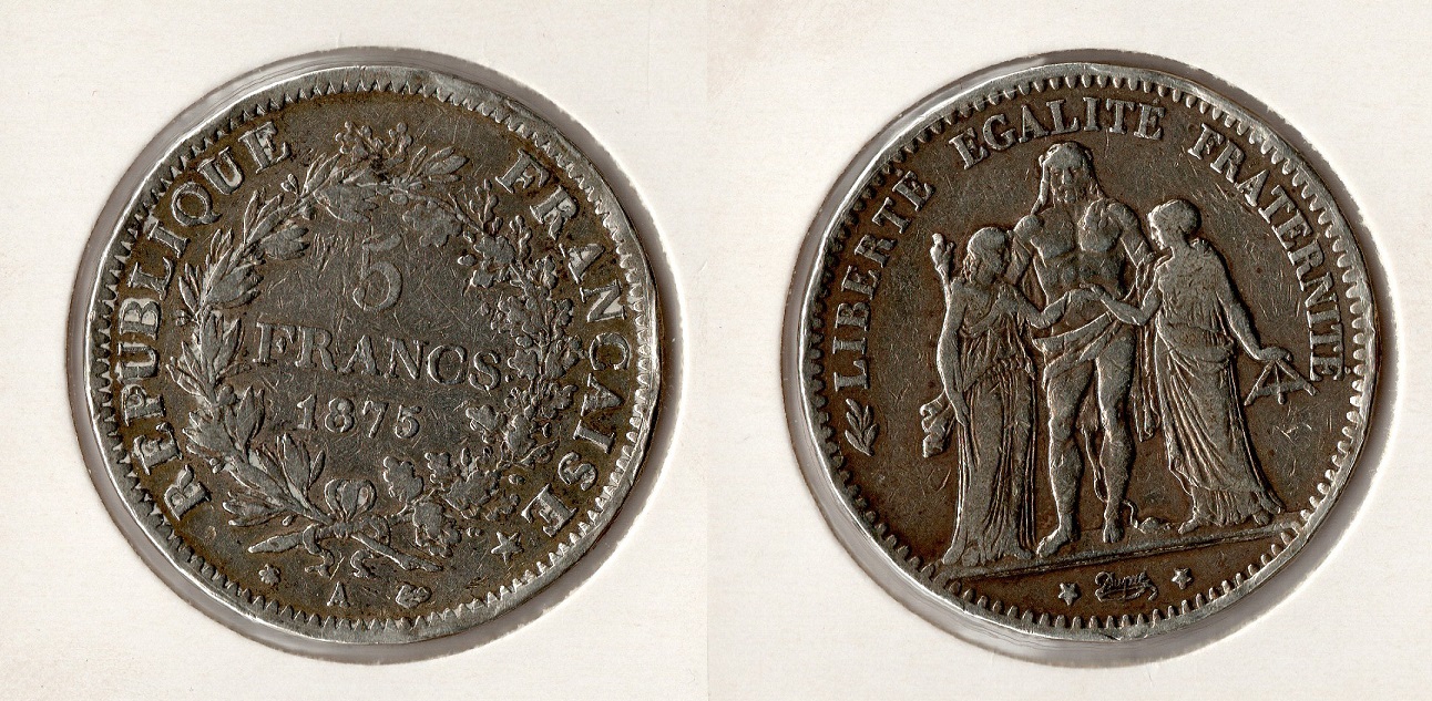  Frankreich 5 Francs 1875 -A- Silber/ sehr schön (Dritte Französische Republik)   