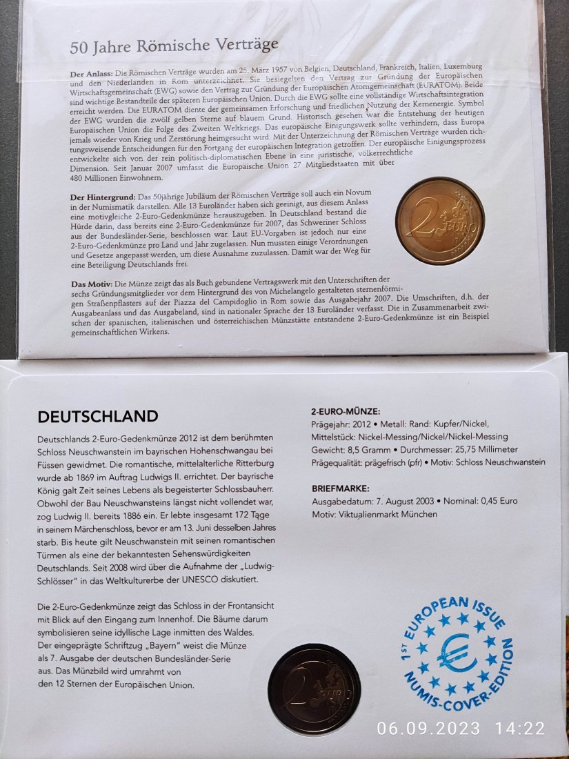  Deutschland 2 Euro Numisbrief römische Verträge 2007 und Schloss Neuschwanstein 2012   