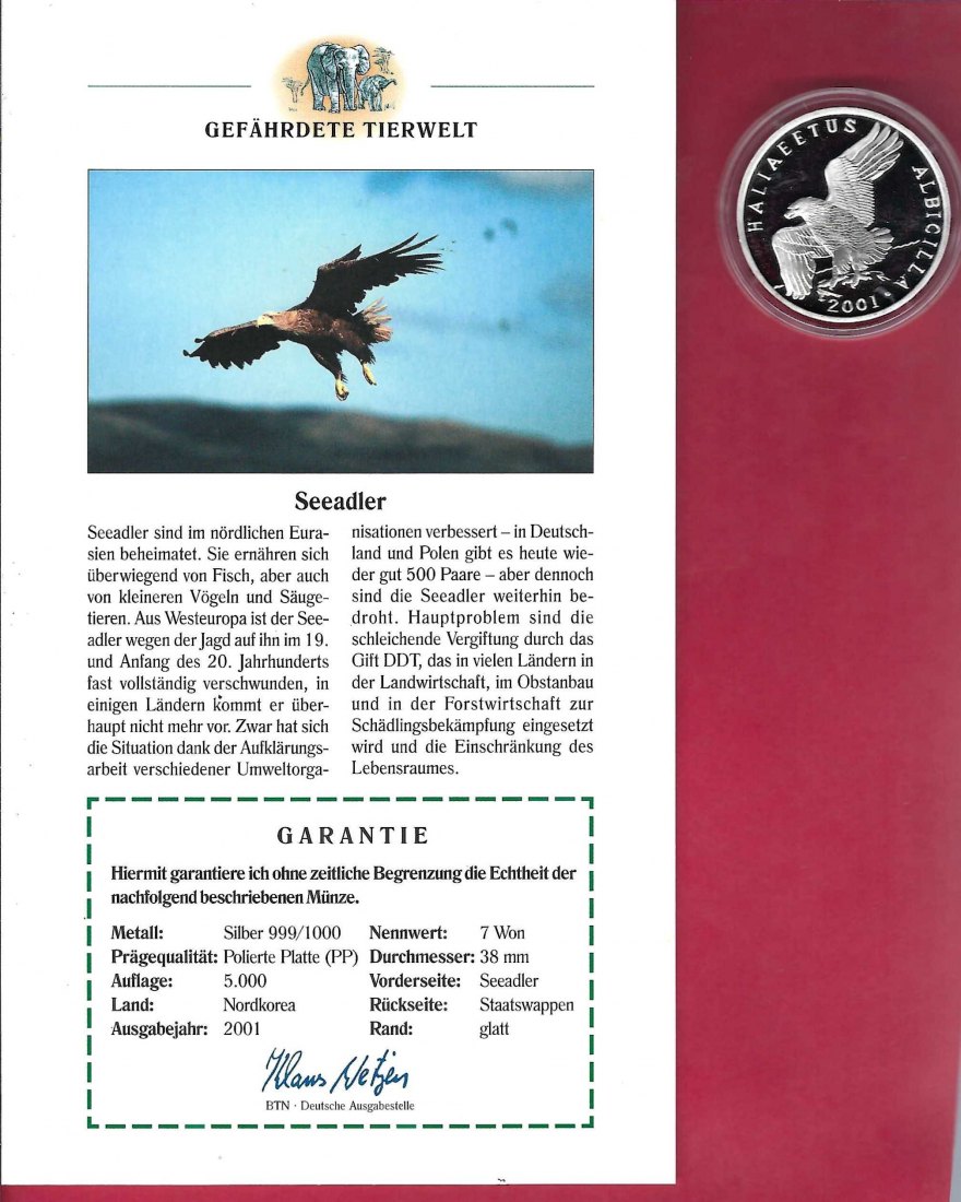  Korea 7 Won 2001 Gefährdete Tierwelt Seeadler Silber PP Goldankauf Koblenz Frank Maurer X 754   