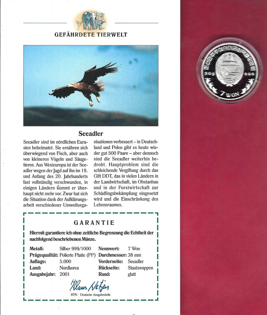  Korea 7 Won 2001 Gefährdete Tierwelt Seeadler Silber PP Goldankauf Koblenz Frank Maurer X 754   