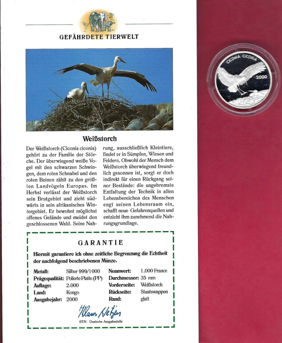  Kongo 1000 Francs 2000 Gefährdete Tierwelt Weißstorch SilberPP Goldankauf Koblenz Frank Maurer X 755   