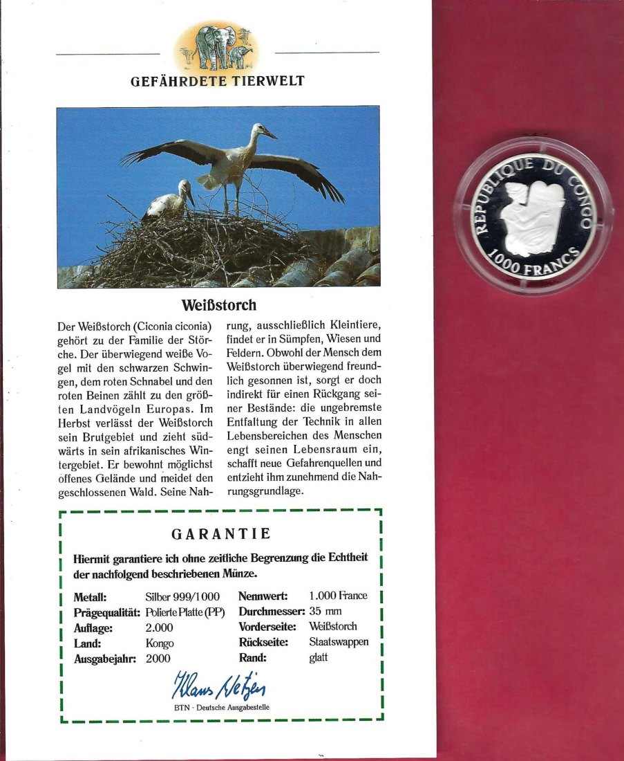  Kongo 1000 Francs 2000 Gefährdete Tierwelt Weißstorch SilberPP Goldankauf Koblenz Frank Maurer X 755   