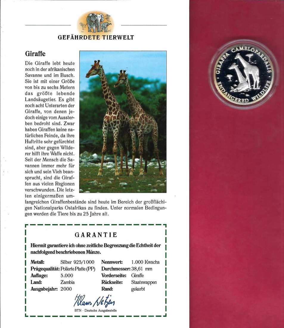  Sambia 1000 Kwacha 2000 Gefährdete Tierwelt Giraffe Silber PP Koblenz Frank Maurer X 757   