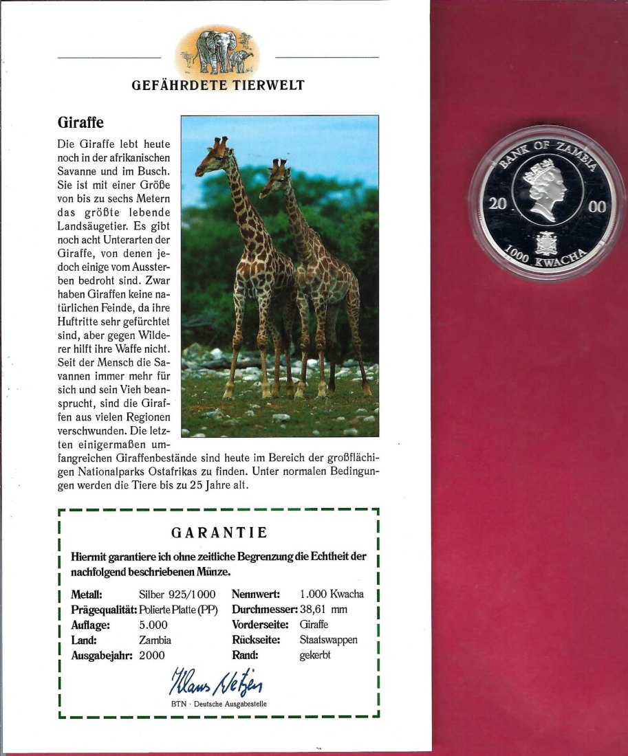  Sambia 1000 Kwacha 2000 Gefährdete Tierwelt Giraffe Silber PP Koblenz Frank Maurer X 757   