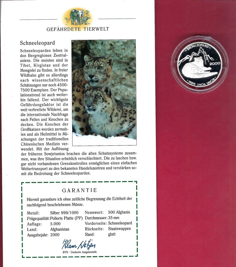  Afghanistan 500 Afghanis 2000 Gefährdete Tierwelt Schneeleopard Silber PP Koblenz Frank Maurer X 758   