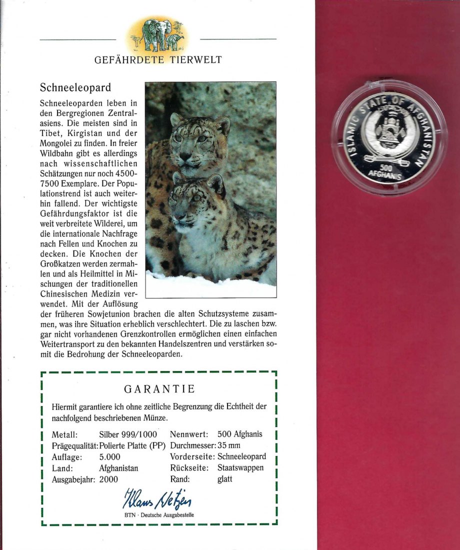  Afghanistan 500 Afghanis 2000 Gefährdete Tierwelt Schneeleopard Silber PP Koblenz Frank Maurer X 758   