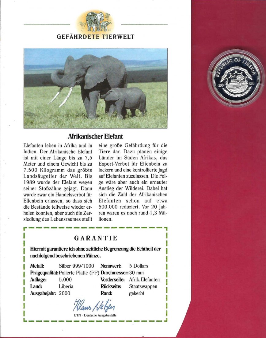  Liberia 5 Dollar 2000 Gefährdete Tierwelt Elefant Silber PP Koblenz Frank Maurer X 759   