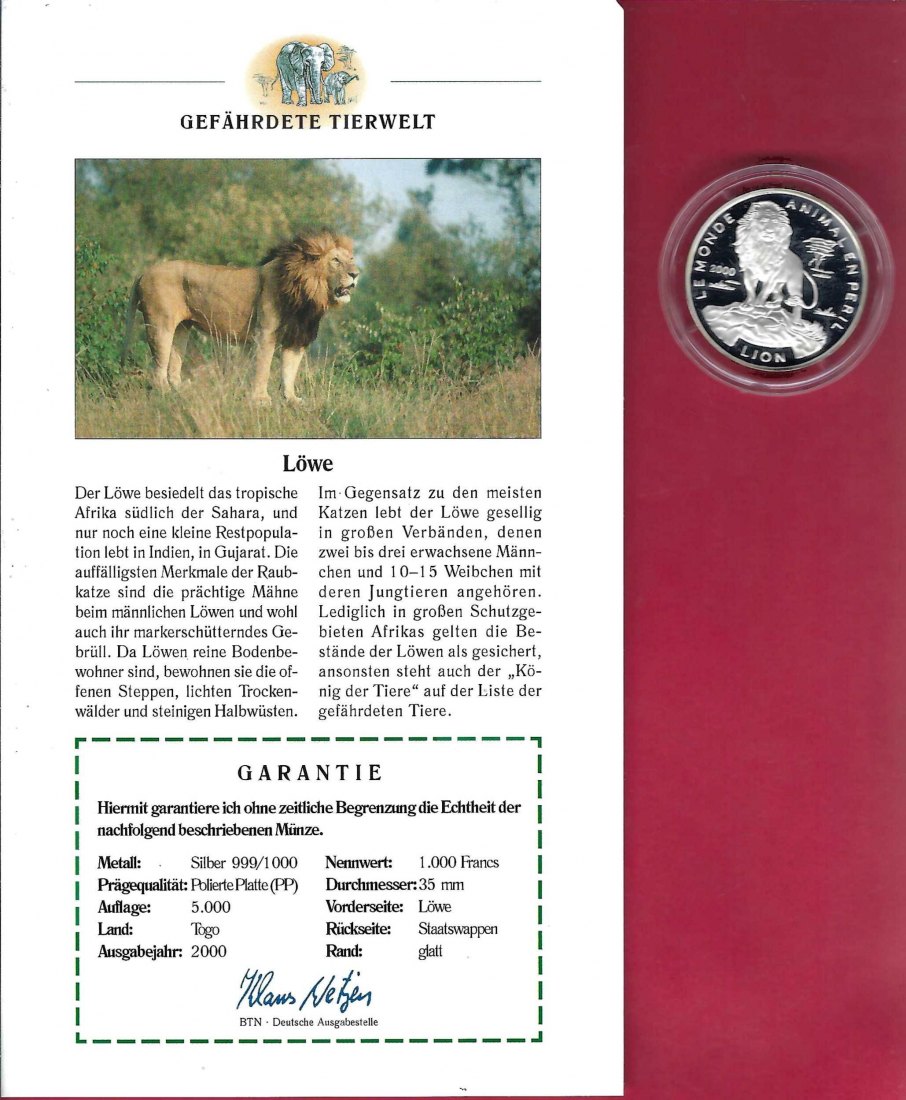  Togo 1000Francs 2000 Gefährdete Tierwelt Löwe Silber PP Koblenz Frank Maurer X 760   