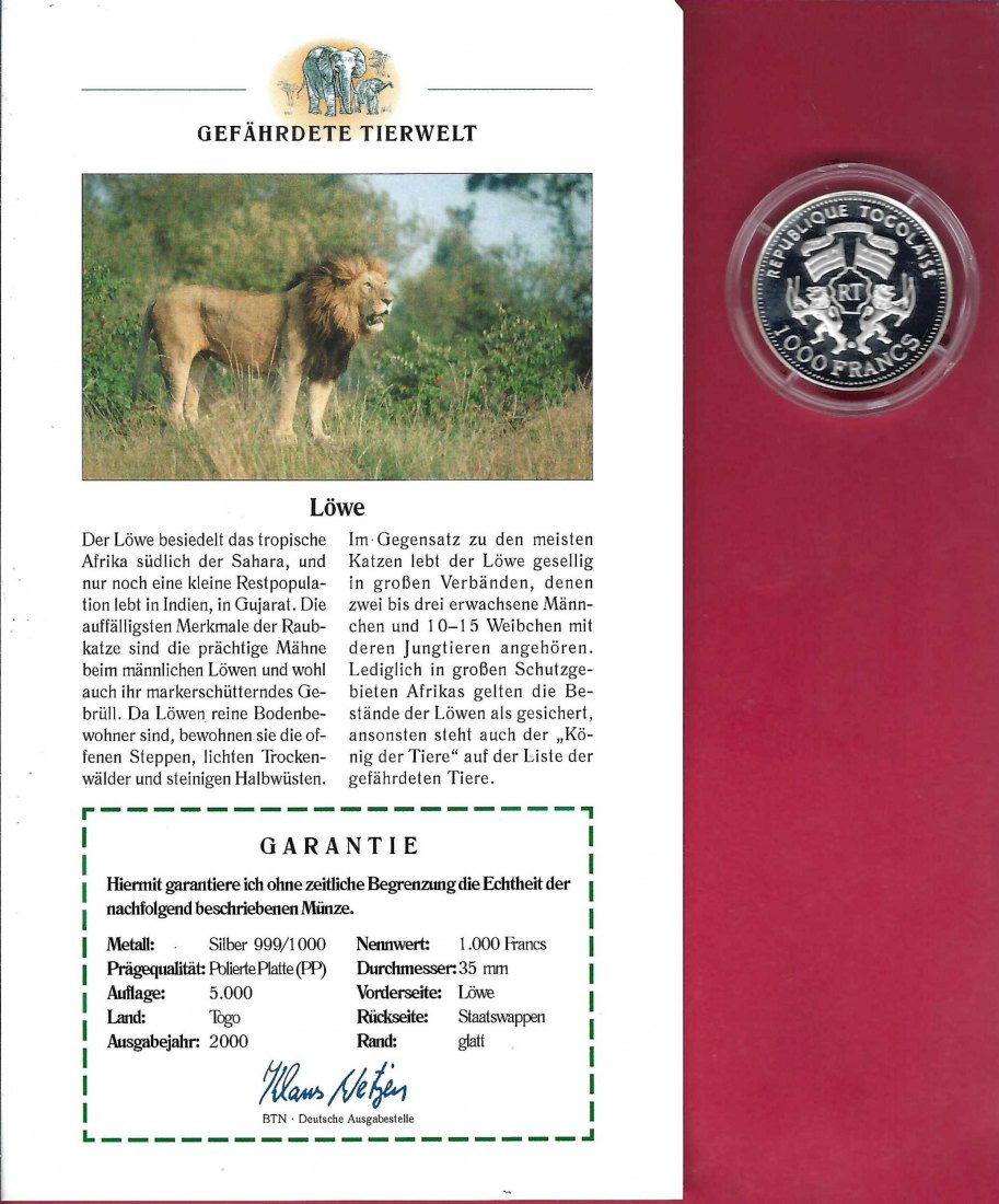  Togo 1000Francs 2000 Gefährdete Tierwelt Löwe Silber PP Koblenz Frank Maurer X 760   