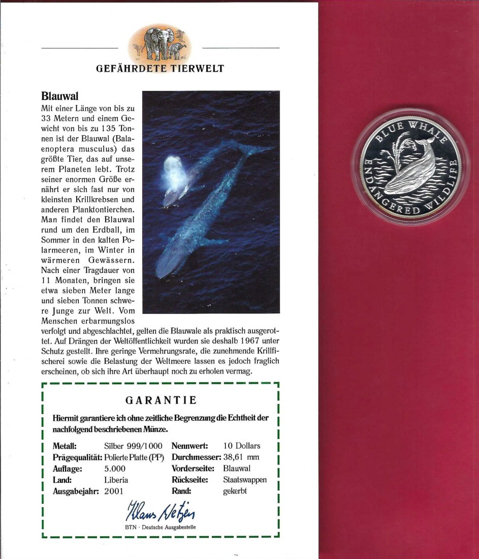  Liberia 10 Dollar 2001 Gefährdete Tierwelt Blauwal Silber PP Koblenz Frank Maurer X 762   