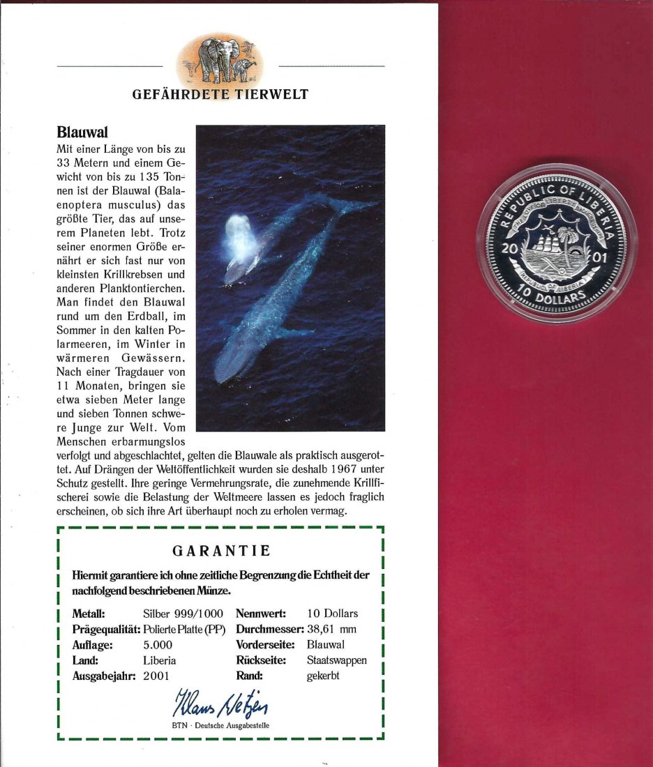  Liberia 10 Dollar 2001 Gefährdete Tierwelt Blauwal Silber PP Koblenz Frank Maurer X 762   