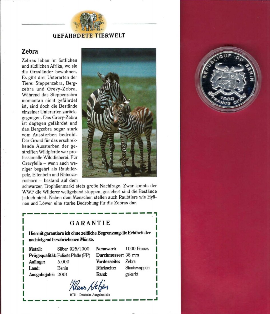 Benin 1000 Francs 2001 Gefährdete Tierwelt Zebra Silber PP Koblenz Frank Maurer X 763   