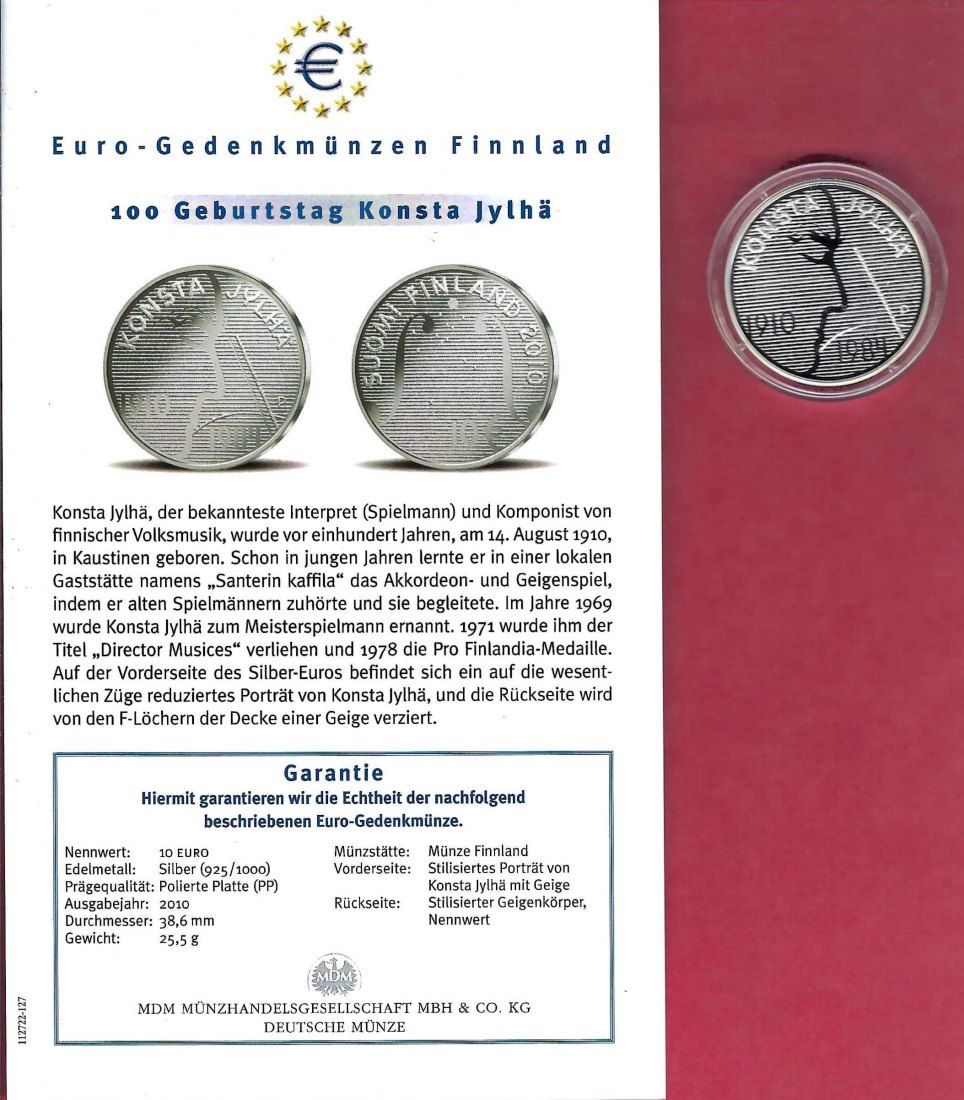  Finnland 10 Euro 100. Geburtstag Konsta Jilhä 2010 Silber Koblenz Frank Maurer X 765   