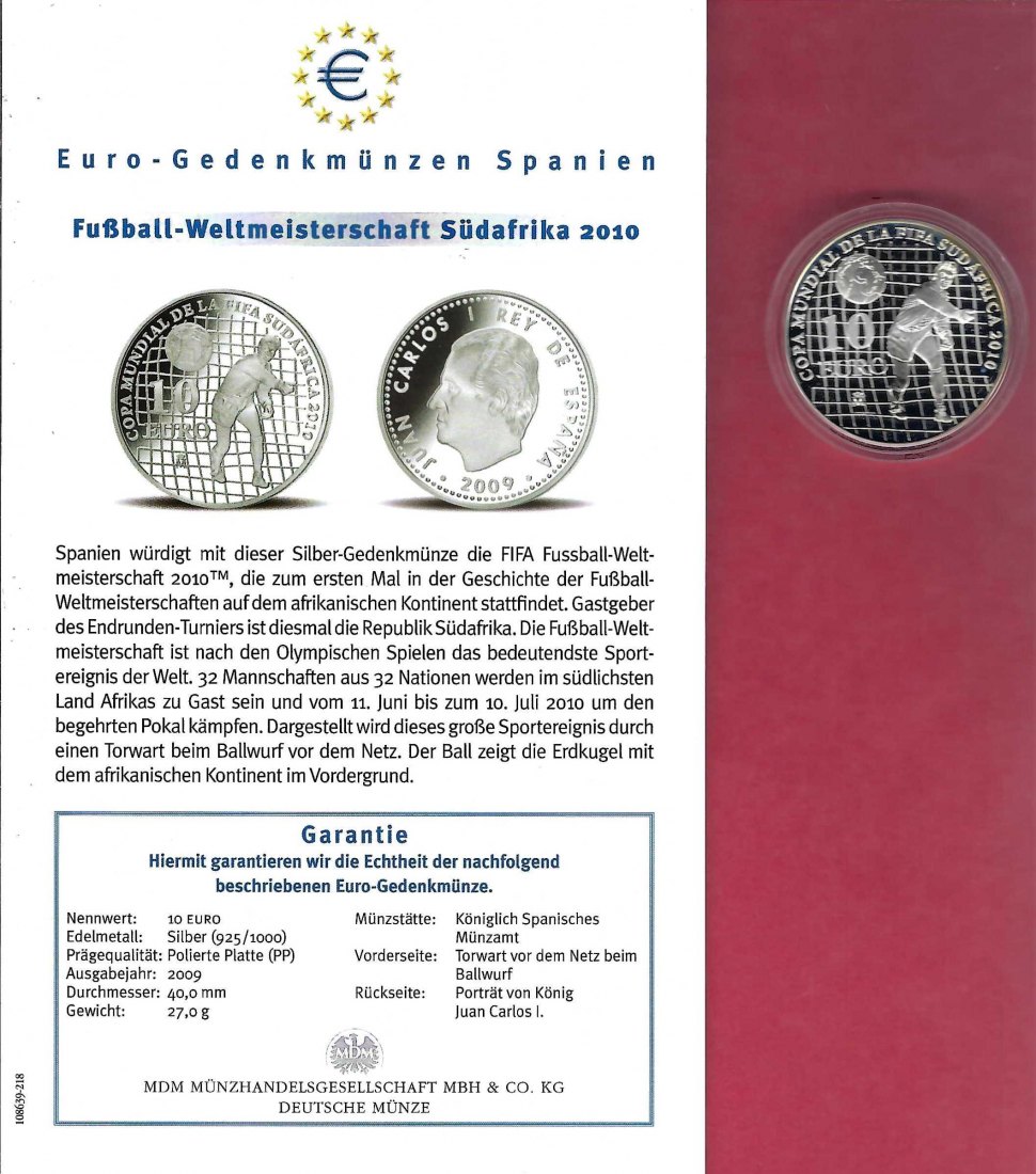  Spanien 10 Euro WM Südafrika 2009 Silber Koblenz Frank Maurer X 766   
