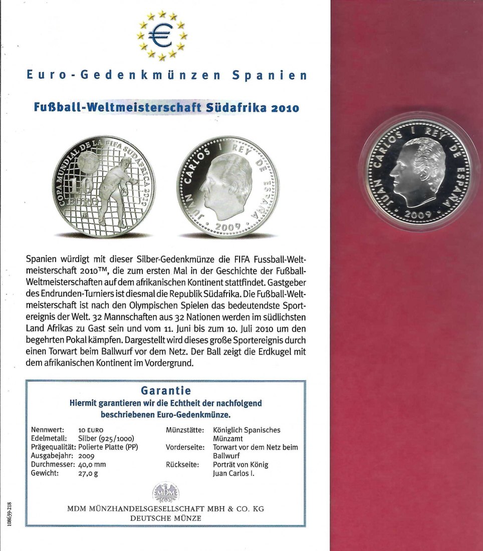  Spanien 10 Euro WM Südafrika 2009 Silber Koblenz Frank Maurer X 766   