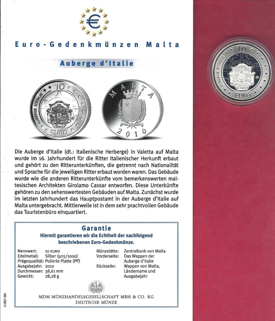  Malta 10 Euro Auberge d´Italie 2010 Silber Koblenz Frank Maurer X 768   