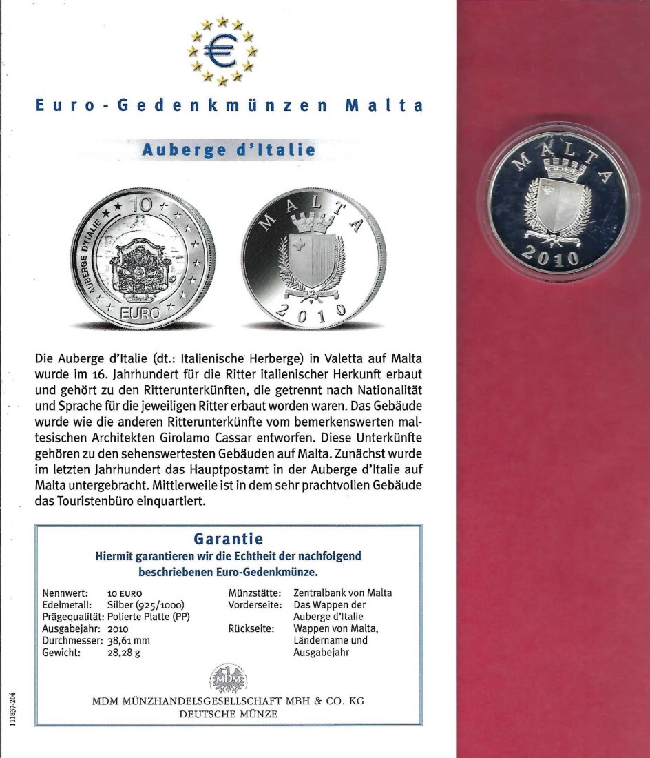 Malta 10 Euro Auberge d´Italie 2010 Silber Koblenz Frank Maurer X 768   