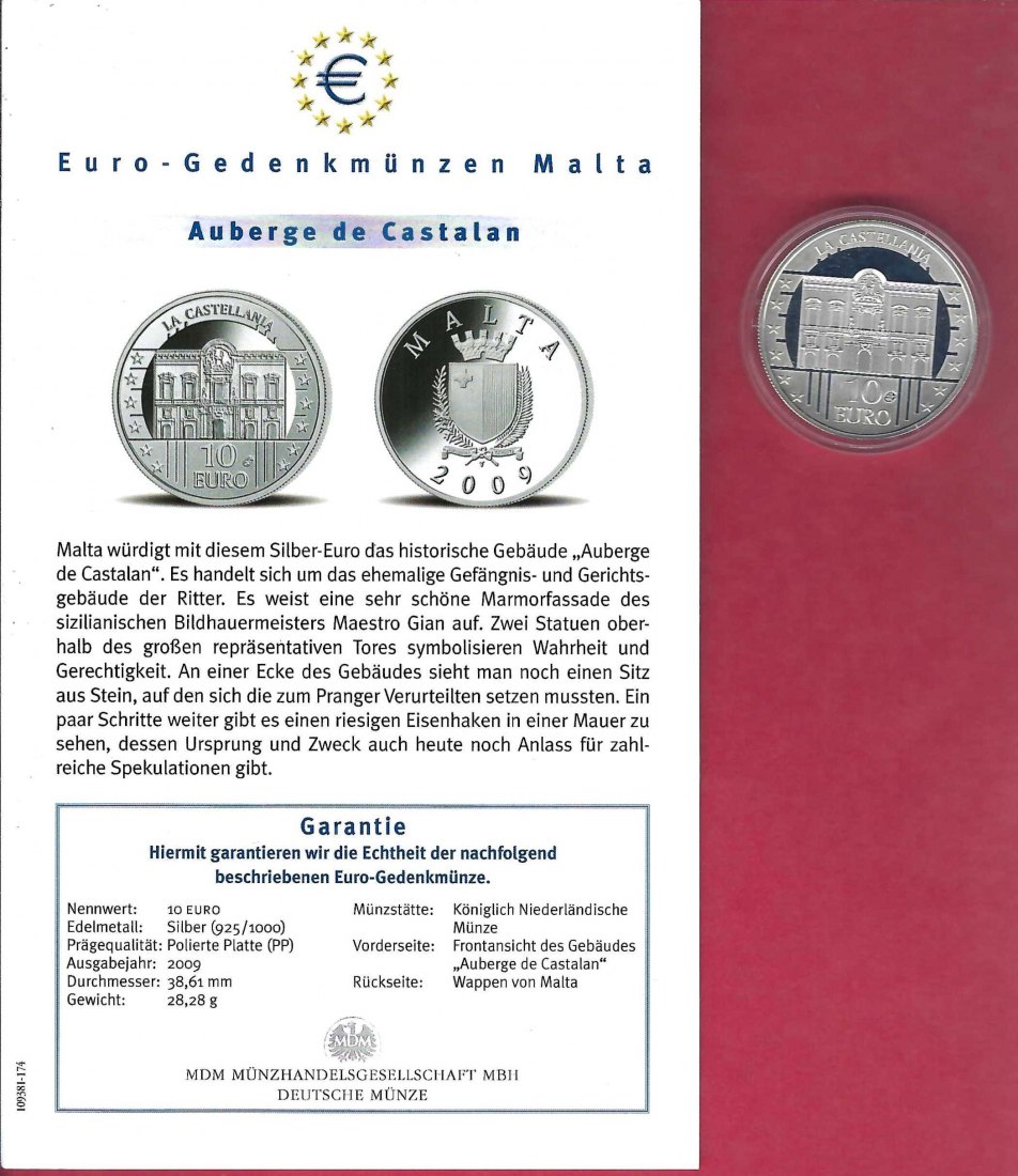  Malta 10 Euro Auberge de Castalan 2009 Silber Koblenz Frank Maurer X 769   