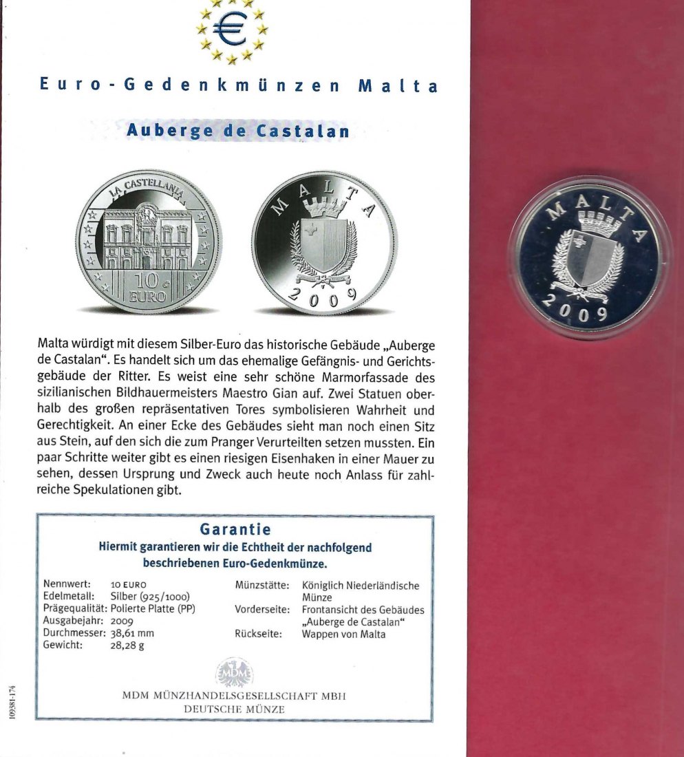  Malta 10 Euro Auberge de Castalan 2009 Silber Koblenz Frank Maurer X 769   