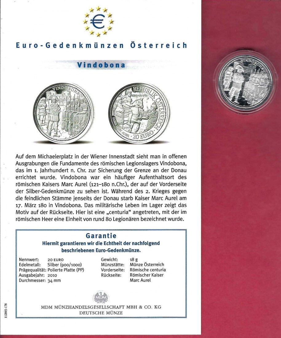  Österreich 20 Euro Vindobona 2010 Silber Koblenz Frank Maurer X 770   