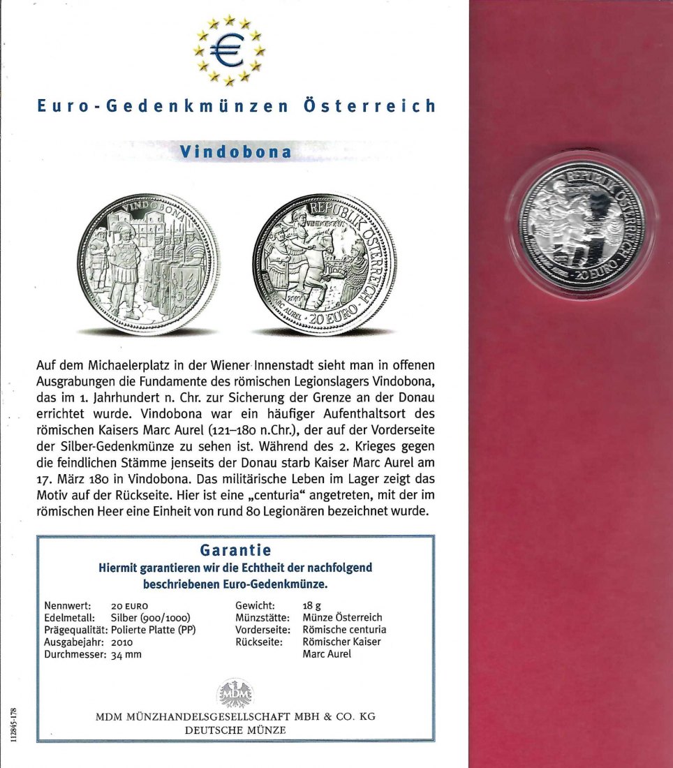  Österreich 20 Euro Vindobona 2010 Silber Koblenz Frank Maurer X 770   