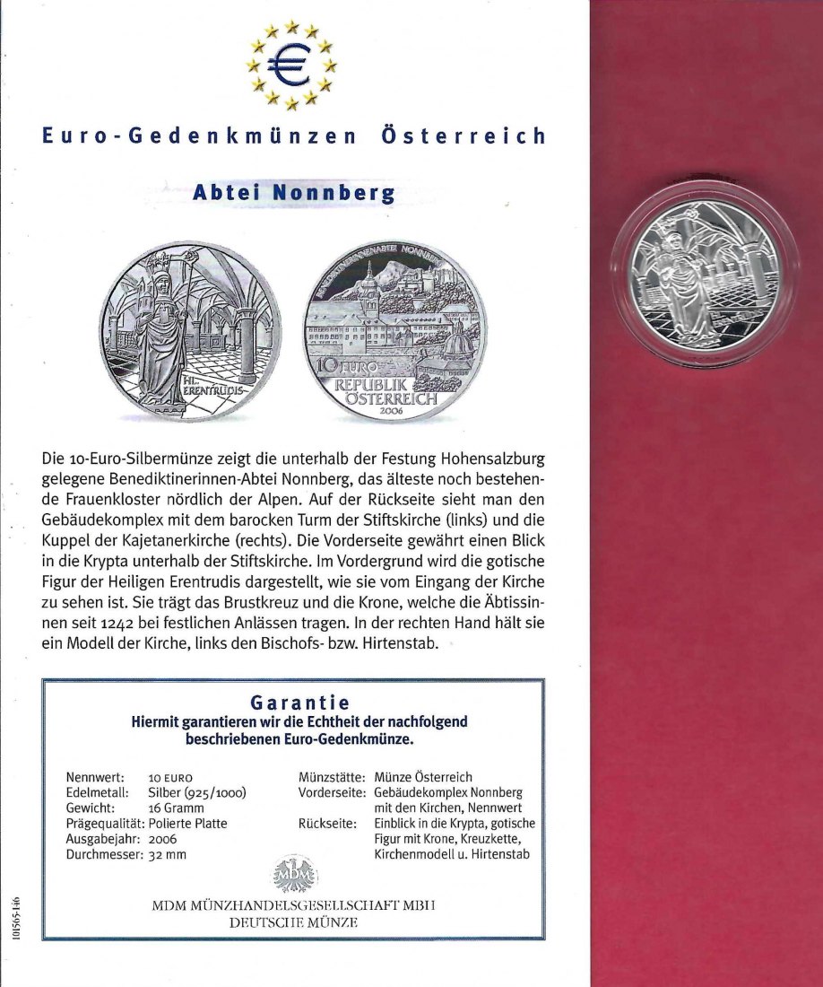  Österreich 10 Euro Abtei Nonnberg 2006 Silber Koblenz Frank Maurer X 771   