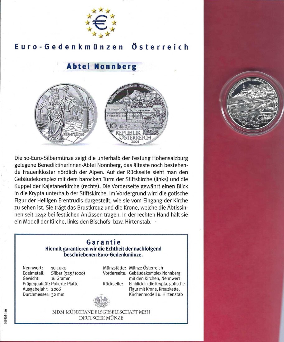  Österreich 10 Euro Abtei Nonnberg 2006 Silber Koblenz Frank Maurer X 771   