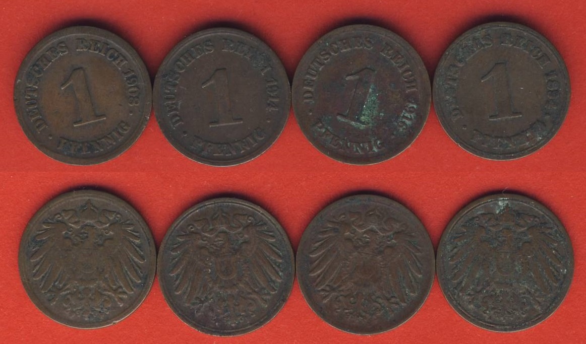  Kaiserreich 4x 1 Pfennig 1894 A +1908 F + 1914 F + 1916 D.   