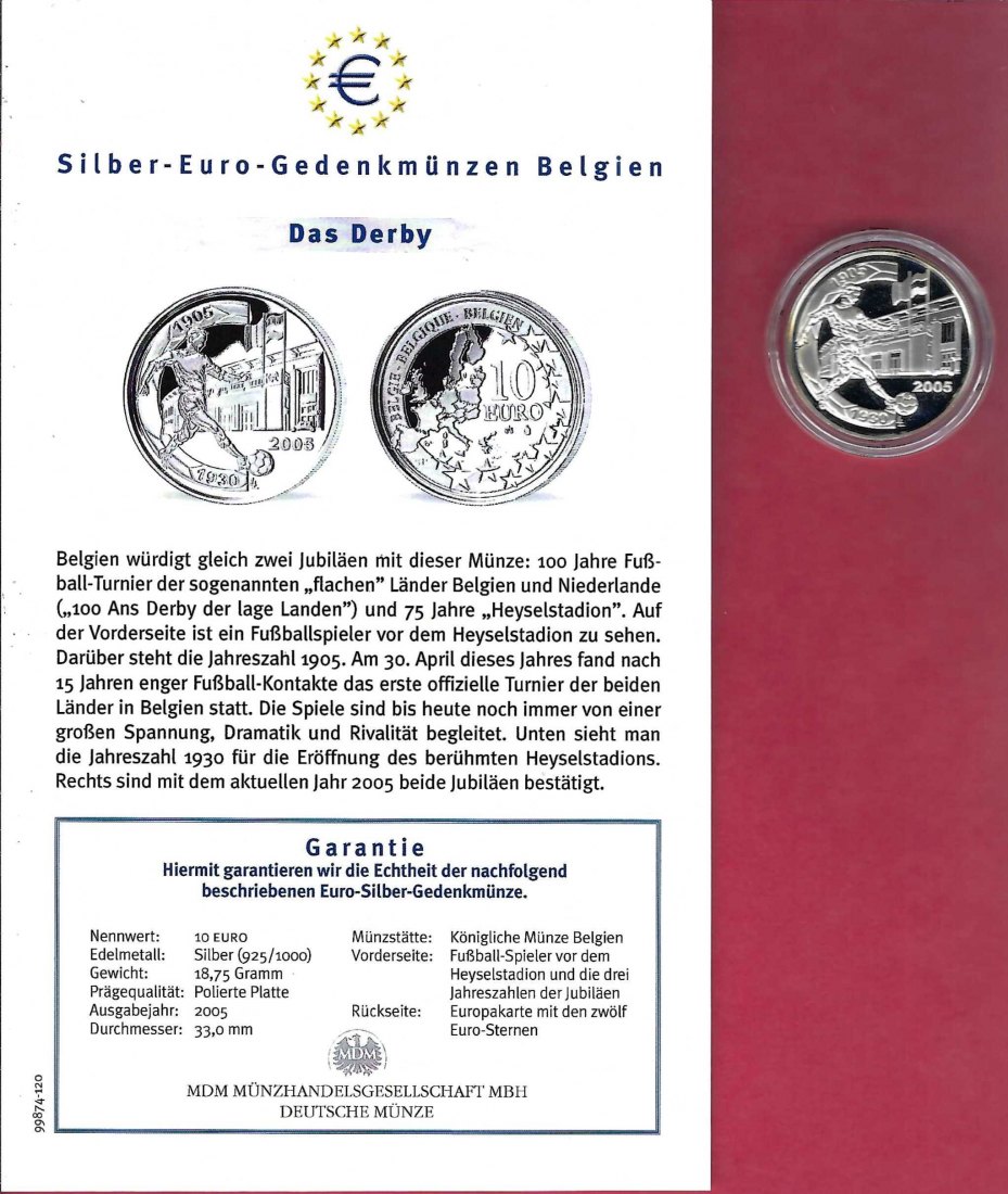  Belgien 10 Euro Das Derby 2005 Silber Koblenz Frank Maurer X 773   