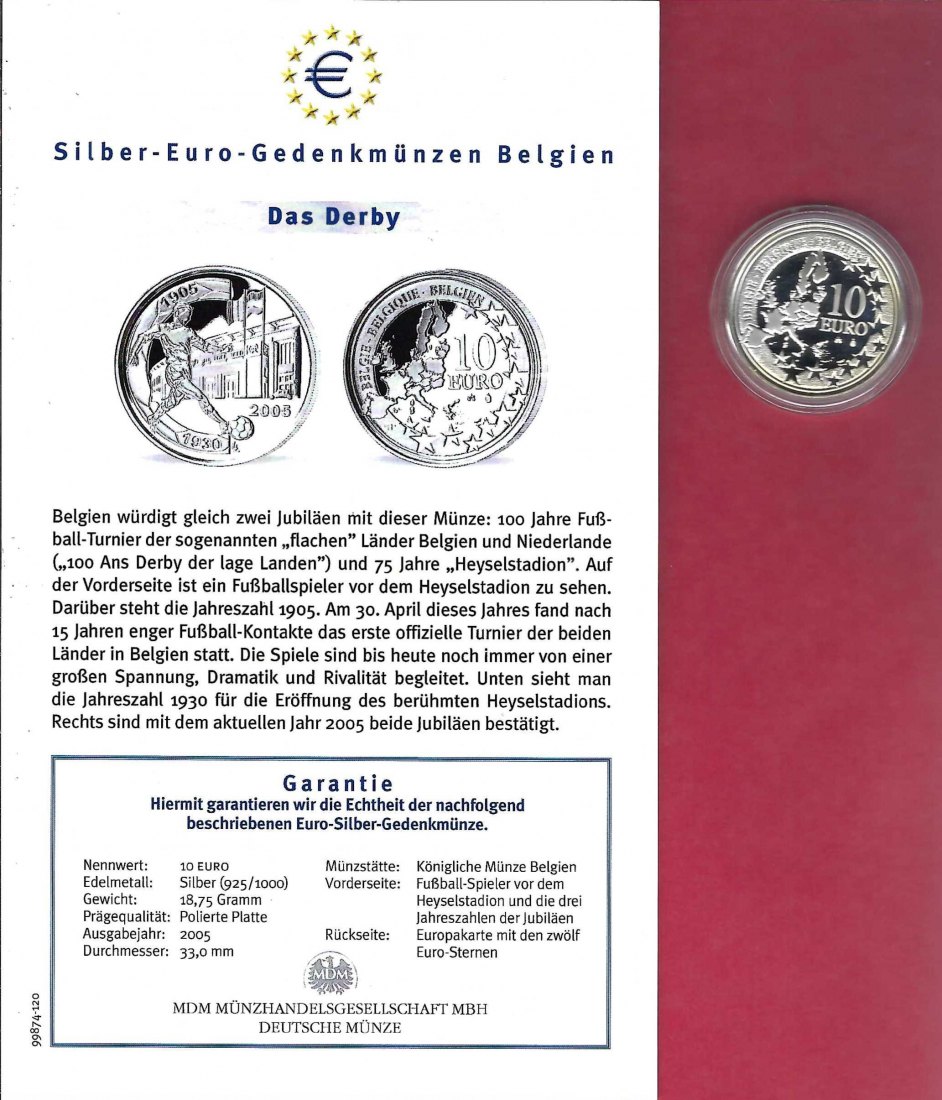  Belgien 10 Euro Das Derby 2005 Silber Koblenz Frank Maurer X 773   