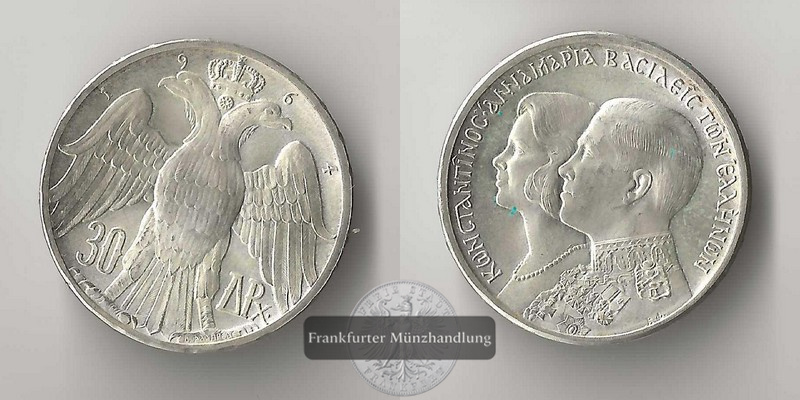  Griechenland,  30 Drachmai  1964  Hochzeit Konstantins II.    FM-Frankfurt Feinsilber: 10,02g   