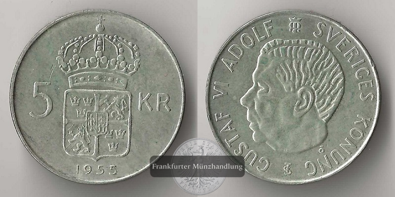 Schweden  5 Kronen 1955   Gustaf VI.   FM-Frankfurt    Feingewicht: 7,2g   