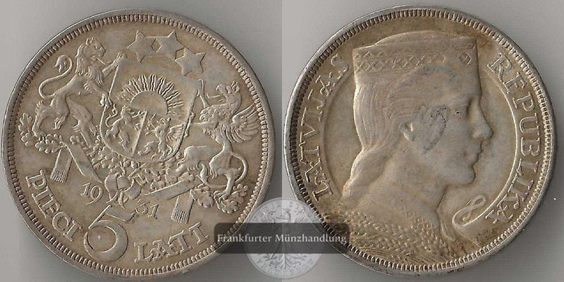  Lettland,  5 Lati  1931  FM-Frankfurt  Feinsilber: 20,88g   
