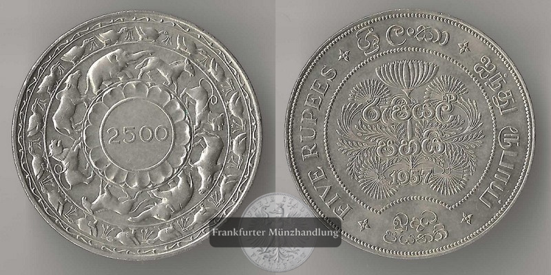  Ceylon, Sri Lanka  5 Rupee  1957  2500 Jahre Buddhismus   FM-Frankfurt  Feinsilber: 26,16g   