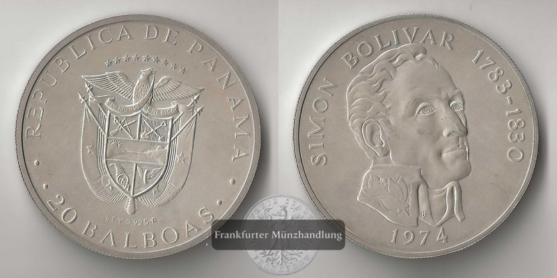 Panama,  20 Balboas  1974  Simon Bolivar  FM-Frankfurt  Feingewicht: 119,87g   