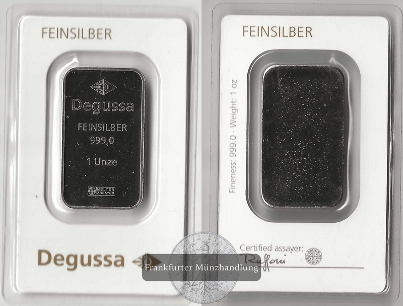  Degussa,   Silberbarren  1 Unze FM-Frankfurt   Feinsilber: 31,1g   