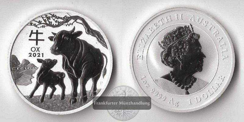  Australien, 1 Dollar 2021 Ochse FM-Frankfurt  Feinsilber: 31,1g   