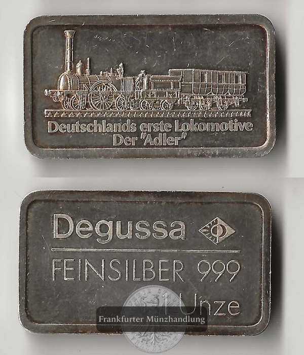  Degussa,   Silberbarren  1 Unze Der Adler  FM-Frankfurt   Feinsilber: 31,1g   