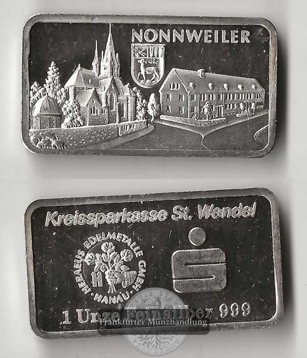  Degussa,   Silberbarren  1 Unze Nonnweiler  FM-Frankfurt   Feinsilber: 31,1g   