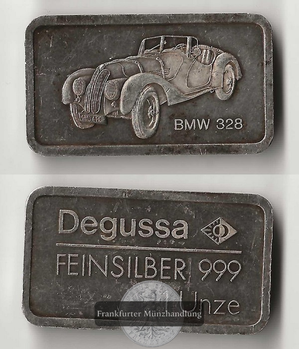  Degussa,   Silberbarren  1 Unze BMW 328 FM-Frankfurt   Feinsilber: 31,1g   