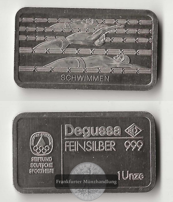  Degussa,   Silberbarren  1 Unze Schwimmen FM-Frankfurt   Feinsilber: 31,1g   