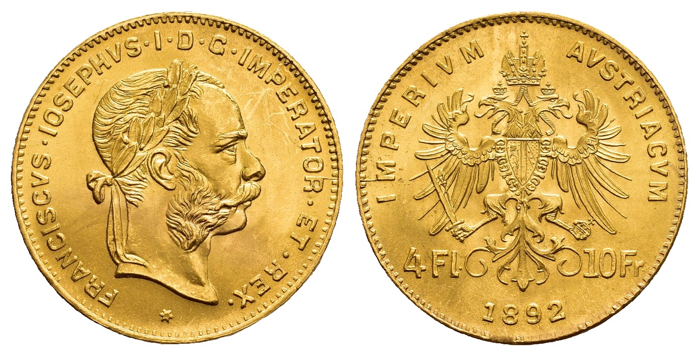 PEUS 9692 Österreich 2,9 g Feingold. Franz Joseph I. (1848 - 1916) 4 Gulden (NP) GOLD 1892 Stempelglanz
