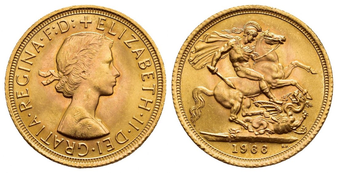PEUS 9694 Grossbritannien 7,32 g Feingold. Elizabeth II. (1952 - 2022) Sovereign GOLD 1966 Vorzüglich / Stempelglanz