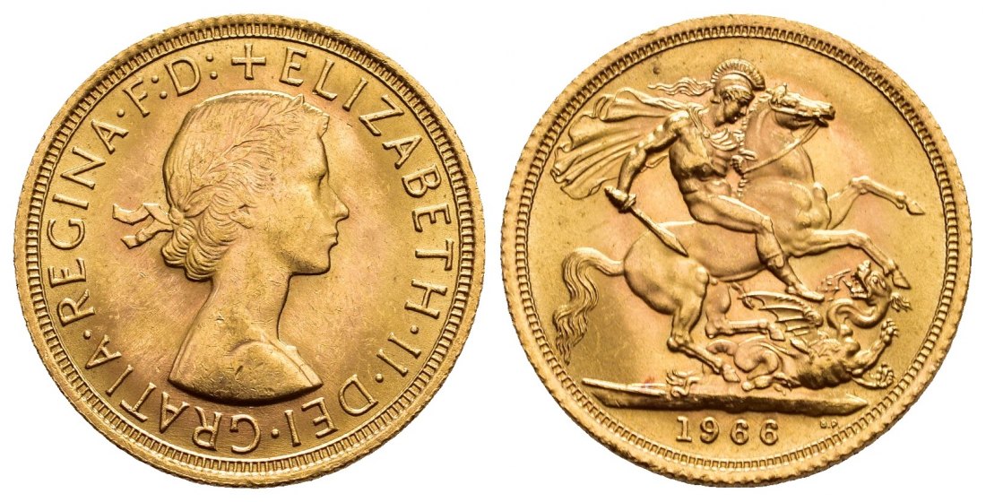 PEUS 9696 Grossbritannien 7,32 g Feingold. Elizabeth II. (1952 - 2022) Sovereign GOLD 1966 Vorzüglich / Stempelglanz